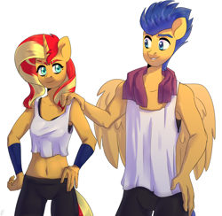 Size: 1848x1800 | Tagged: safe, artist:tigra0118, flash sentry, sunset shimmer, anthro, pegasus, unicorn, belly button, clothes, duo, female, flashimmer, male, midriff, my little pony, shipping, sports, straight, tanktop, ych result