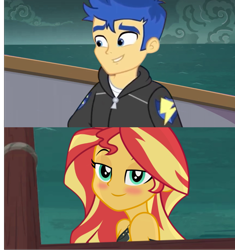Size: 1014x1080 | Tagged: safe, artist:kingdark0001, edit, flash sentry, sunset shimmer, equestria girls, blushing, clothes, female, flashimmer, looking at you, male, shipping, straight, swimsuit