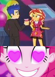 Size: 250x352 | Tagged: safe, edit, edited screencap, screencap, flash sentry, sunset shimmer, coinky-dink world, eqg summertime shorts, equestria girls, equestria girls series, twilight under the stars, spoiler:eqg series (season 2), female, flashimmer, male, meme, pinkie's eyes, shipping, straight