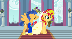 Size: 1211x660 | Tagged: safe, artist:3d4d, flash sentry, sunset shimmer, pony, female, flashimmer, male, marriage, shipping, straight, wedding