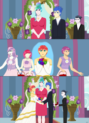 Size: 2303x3175 | Tagged: safe, artist:daringtiger, apple bloom, flash sentry, princess celestia, rumble, scootaloo, sunset shimmer, sweetie belle, equestria girls, bride, clothes, cutie mark crusaders, dress, female, flashimmer, flower girl, flower girl dress, male, marriage, shipping, straight, suit, tuxedo, wedding, wedding dress