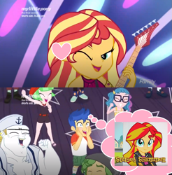 Size: 981x995 | Tagged: safe, artist:jake555555555, edit, edited screencap, screencap, bulk biceps, flash sentry, sandalwood, sunset shimmer, technicolor waves, watermelody, better together, equestria girls, rainbow rocks, spring breakdown, all good (song), background human, doodle bug, female, flashimmer, male, shipping, shipping domino, straight, waldo whereabout