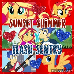 Size: 1024x1024 | Tagged: safe, artist:noreencreatesstuff, flash sentry, sunset shimmer, best trends forever, better together, equestria girls, legend of everfree, camp everfree logo, camp everfree outfits, female, flashimmer, guitar, heart, male, shipping, straight
