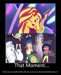 Size: 1074x1310 | Tagged: safe, artist:thejboy88, bulk biceps, desert sage, flash sentry, mile hill, sandalwood, sunset shimmer, technicolor waves, watermelody, better together, equestria girls, spring breakdown, belly button, bikini, clothes, demotivational poster, doodle bug, female, flashimmer, male, meme, midriff, shipping, shipping domino, starstruck, straight, swimsuit, waldo whereabout