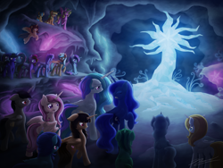 Size: 3200x2400 | Tagged: safe, artist:novaintellus, fleur-de-lis, princess celestia, princess luna, oc, oc:spring beauty, alicorn, pony, alicorn oc, cave, cave of harmony, crystal, female, mare, princess, royal sisters, tree of harmony