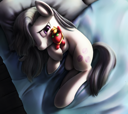 Size: 1350x1197 | Tagged: safe, artist:chryseum, big macintosh, marble pie, earth pony, pony, bed, cute, doll, fluffy, hug, lidded eyes, male, marblebetes, marblemac, on side, plushie, shipping, smiling, solo, squishy cheeks, stallion, straight, toy