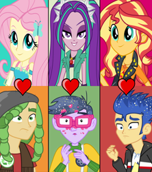 Size: 1280x1440 | Tagged: safe, edit, edited screencap, screencap, aria blaze, flash sentry, fluttershy, microchips, sandalwood, sunset shimmer, a banner day, better together, equestria girls, rainbow rocks, ariachips, female, flashimmer, geode of empathy, geode of fauna, magical geodes, male, sandalshy, shipping, shipping domino, straight