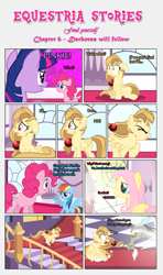 Size: 1919x3245 | Tagged: safe, artist:estories, discord, fluttershy, pinkie pie, rainbow dash, twilight sparkle, twilight sparkle (alicorn), oc, oc:alice goldenfeather, alicorn, pegasus, pony, comic:find yourself, comic, female, mare