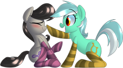 Size: 2514x1387 | Tagged: safe, artist:january3rd, lyra heartstrings, octavia melody, earth pony, pony, unicorn, best friends, blushing, boop, clothes, cute, eyes closed, female, lesbian, lyrabetes, mare, octyra, open mouth, shipping, simple background, sitting, smiling, socks, striped socks, tavibetes, transparent background