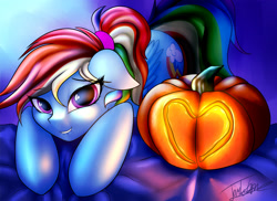 Size: 3789x2755 | Tagged: safe, artist:elzzombie, rainbow dash, pegasus, pony, hairband, halloween, heart, holiday, jack-o-lantern, lip bite, ponytail, pumpkin, solo