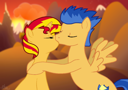 Size: 2339x1654 | Tagged: safe, artist:mortysmithc137, flash sentry, sunset shimmer, pony, unicorn, female, flashimmer, kissing, male, mountain, orange background, shipping, simple background, straight, sunset