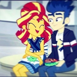 Size: 410x410 | Tagged: safe, edit, edited screencap, screencap, flash sentry, sunset shimmer, eqg summertime shorts, equestria girls, good vibes, cropped, female, flashimmer, male, shipping, straight, sunset sushi