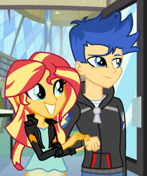 Size: 605x723 | Tagged: safe, artist:mlp-lolada, flash sentry, sunset shimmer, equestria girls, clothes, female, flashimmer, jacket, male, shipping, smiling, straight