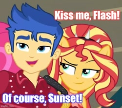 Size: 562x500 | Tagged: safe, edit, edited screencap, screencap, flash sentry, sunset shimmer, better together, cheer you on, equestria girls, caption, cropped, female, flashimmer, image macro, male, meme, shipping, straight, text