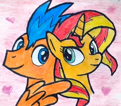 Size: 1900x1670 | Tagged: safe, artist:melisareb, flash sentry, sunset shimmer, pegasus, pony, unicorn, bust, female, flashimmer, heart, looking at each other, male, mare, shipping, stallion, straight, traditional art