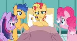 Size: 1280x691 | Tagged: safe, artist:sunsetsentry, flash sentry, pinkie pie, sunset shimmer, twilight sparkle, twilight sparkle (alicorn), alicorn, pony, baby, baby pony, base used, bed, female, flashimmer, hospital bed, male, offspring, parent:flash sentry, parent:sunset shimmer, parents:flashimmer, shipping, straight