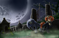 Size: 1280x837 | Tagged: safe, artist:adalbertus, artist:gonedreamer, oc, oc only, oc:amber drop, oc:rain dancer, vampire, werewolf, fangs, graveyard, moon, nightmare night