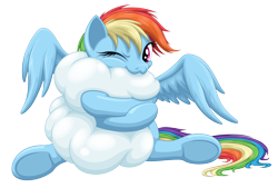 Size: 3400x2300 | Tagged: safe, artist:ohemo, rainbow dash, pegasus, pony, :3, cloud, cute, dashabetes, female, hug, looking at you, mare, nom, one eye closed, simple background, sitting, smiling, solo, spread wings, that pony sure does love clouds, transparent background, underhoof, weapons-grade cute, wink