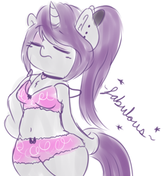 Size: 1280x1372 | Tagged: safe, artist:wickedsilly, oc, oc only, oc:wicked silly, pony, semi-anthro, unicorn, belly button, bipedal, boyshorts, bra, bra on pony, clothes, frilly underwear, hips, panties, pink underwear, ribbon, solo, underwear