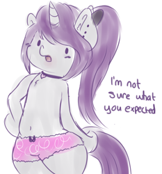 Size: 1280x1372 | Tagged: safe, artist:wickedsilly, oc, oc only, oc:wicked silly, pony, semi-anthro, unicorn, belly button, bipedal, boyshorts, clothes, female, frilly underwear, hips, panties, pettanko, pink underwear, ribbon, solo, underwear