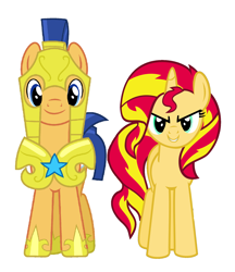 Size: 1864x2160 | Tagged: safe, artist:3d4d, artist:chainchomp2 edit, artist:vector-brony, edit, flash sentry, sunset shimmer, pegasus, pony, unicorn, cute, evil grin, female, flashimmer, front, grin, male, royal guard, shipping, simple background, smiling, smirk, straight, white background