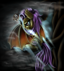 Size: 900x1000 | Tagged: safe, artist:ferasor, fluttershy, bat pony, pony, flutterbat, mist, solo, tree, tree branch