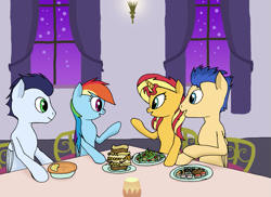 Size: 1049x762 | Tagged: safe, artist:soks777, flash sentry, rainbow dash, soarin', sunset shimmer, pegasus, pony, double date, female, flashimmer, male, shipping, soarindash, straight