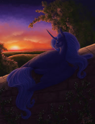 Size: 2000x2600 | Tagged: safe, artist:luvvandra, princess luna, alicorn, pony, eyes closed, prone, solo, sunset, twilight (astronomy), wall