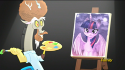 Size: 1920x1080 | Tagged: safe, artist:caramelbunnies, screencap, discord, twilight sparkle, twilight sparkle (alicorn), alicorn, draconequus, pony, what about discord?, art, bob ross, cute, discord's painting, discute, draconiross, female, mare
