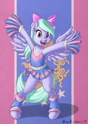 Size: 679x960 | Tagged: safe, artist:brianblackberry, flitter, pony, semi-anthro, bipedal, cheerleader, hair bow, leg warmers, solo