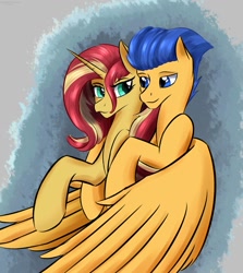 Size: 845x946 | Tagged: safe, artist:renarde-louve, flash sentry, sunset shimmer, pony, female, flashimmer, hug, hug from behind, male, shipping, straight, winghug