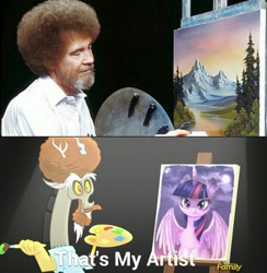 Size: 1000x1024 | Tagged: safe, screencap, discord, twilight sparkle, twilight sparkle (alicorn), human, what about discord?, art, bob ross, discord's painting, discovery family logo, draconiross, exploitable meme, irl, irl human, meme, photo, that's my x, the joy of painting