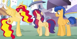 Size: 1249x640 | Tagged: safe, artist:californsaishi001, flash sentry, sunset shimmer, oc, oc:sunrise, alicorn, pony, alicorn oc, alicornified, base used, deviantart watermark, family, female, flashimmer, male, obtrusive watermark, offspring, parent:flash sentry, parent:sunset shimmer, parents:flashimmer, race swap, shimmercorn, shipping, straight, watermark