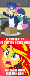 Size: 460x1167 | Tagged: safe, edit, edited screencap, screencap, bon bon, flash sentry, sunset shimmer, sweetie drops, acadeca, equestria girls, equestria girls (movie), friendship games, angry, baking, blushing, epic fail, fail, female, flashimmer, husbando, husbando thief, jealous, jealous sunset, male, meme, oven mitts, rageset shimmer, shipping, straight