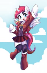 Size: 830x1280 | Tagged: safe, artist:freedomthai, oc, oc only, oc:nekonin, alicorn, pony, semi-anthro, alicorn oc, clothes, crossdressing, femboy, male, school uniform, solo, trap