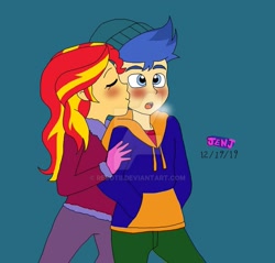 Size: 915x873 | Tagged: safe, artist:resotii, flash sentry, sunset shimmer, better together, equestria girls, holidays unwrapped, deviantart watermark, female, flashimmer, kiss on the cheek, kissing, male, obtrusive watermark, shipping, straight, watermark