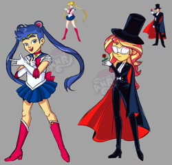 Size: 914x874 | Tagged: safe, artist:emperor-anri, flash sentry, sunset shimmer, equestria girls, clothes, clothes swap, cosplay, costume, crossover, female, flashimmer, male, sailor moon, shipping, straight, tuxedo mask