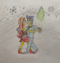 Size: 400x417 | Tagged: safe, artist:13mcjunkinm, flash sentry, sunset shimmer, equestria girls, christmas, dancing, female, flashimmer, holiday, male, shipping, snow, snowfall, straight, traditional art