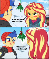 Size: 1176x1436 | Tagged: safe, artist:3d4d, flash sentry, sunset shimmer, better together, equestria girls, holidays unwrapped, christmas, female, flashimmer, holiday, male, mistletoe, saving pinkie's pie, shipping, straight