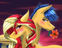 Size: 1024x795 | Tagged: safe, artist:charliegray99, flash sentry, sunset shimmer, pony, female, flashimmer, flower, flower in mouth, male, mouth hold, shipping, straight