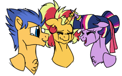 Size: 574x356 | Tagged: safe, artist:ficklepickle9421, flash sentry, sunset shimmer, twilight sparkle, twilight sparkle (alicorn), alicorn, pony, series:sunlightsentry weekly, bisexual, crying, eyes closed, female, flashimmer, flashlight, flashlightshimmer, happy, horn ring, lesbian, male, polyamory, shipping, straight, sunsetsparkle, tears of joy