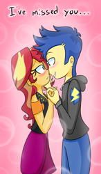 Size: 1024x1759 | Tagged: safe, artist:jake heritagu, flash sentry, sunset shimmer, equestria girls, clothes, commission, cute, female, flashimmer, holding hands, holiday, hoodie, image macro, imminent kissing, male, shipping, sparkles, straight, valentine's day