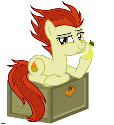 Size: 3900x4300 | Tagged: safe, artist:a4r91n, oc, oc only, oc:para focului, earth pony, pony, crate, eating, flammable, looking at you, pear, simple background, sitting, transparent background, vector