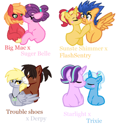 Size: 698x740 | Tagged: safe, artist:semlandraw, big macintosh, derpy hooves, flash sentry, starlight glimmer, sugar belle, sunset shimmer, trixie, trouble shoes, pegasus, pony, unicorn, alternate hairstyle, base used, beard, blushing, derpyshoes, facial hair, female, flashimmer, kissing, lesbian, male, mare, misspelling, shipping, stallion, startrix, straight, sugarmac, trouble hooves