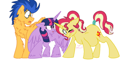Size: 1060x560 | Tagged: safe, artist:ficklepickle9421, flash sentry, sunset shimmer, twilight sparkle, twilight sparkle (alicorn), alicorn, pegasus, pony, unicorn, series:sunlightsentry weekly, bisexual, blushing, chest fluff, female, flashimmer, flashlight, flashlightshimmer, lesbian, male, nervous, offspring, one eye closed, parent:flash sentry, parent:sunset shimmer, parents:flashimmer, polyamory, pregnant, shipping, simple background, straight, sunsetsparkle, tail wrap, white background