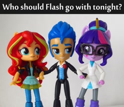 Size: 1008x868 | Tagged: safe, artist:whatthehell!?, flash sentry, sci-twi, sunset shimmer, twilight sparkle, equestria girls, boots, clothes, doll, dress, equestria girls minis, female, flashimmer, flashlight, irl, jacket, male, pair, pencil, photo, sciflash, sciflashshimmer, shipping, shoes, straight, toy, tuxedo