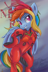 Size: 3750x5625 | Tagged: safe, artist:ardail, rainbow dash, pegasus, pony, semi-anthro, abstract background, absurd resolution, bipedal, clothes, cosplay, costume, crossover, ear fluff, female, mare, neon genesis evangelion, plugsuit, solo, souryuu asuka langley, underhoof