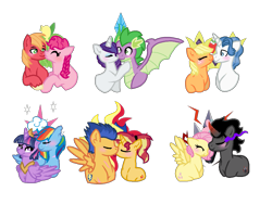 Size: 1109x834 | Tagged: safe, artist:sparkledashyt, applejack, big macintosh, fancypants, flash sentry, fluttershy, king sombra, pinkie pie, rainbow dash, rarity, spike, sunset shimmer, twilight sparkle, twilight sparkle (alicorn), alicorn, dragon, earth pony, pegasus, pony, unicorn, base used, blushing, fancijack, female, flashimmer, lesbian, male, mane seven, mane six, pinkiemac, shipping, simple background, sombrashy, sparity, straight, transparent background, twidash