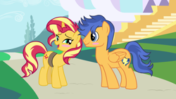 Size: 4000x2248 | Tagged: safe, artist:3d4d, flash sentry, sunset shimmer, pegasus, pony, unicorn, blushing, female, flashimmer, male, mare, shipping, smiling, stallion, straight