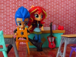Size: 1600x1200 | Tagged: safe, artist:whatthehell!?, flash sentry, sunset shimmer, equestria girls, apple, boots, chair, classroom, clothes, desk, doll, equestria girls minis, female, flashimmer, food, guitar, irl, jacket, male, pair, pants, photo, school, shipping, shoes, straight, toy, tuxedo